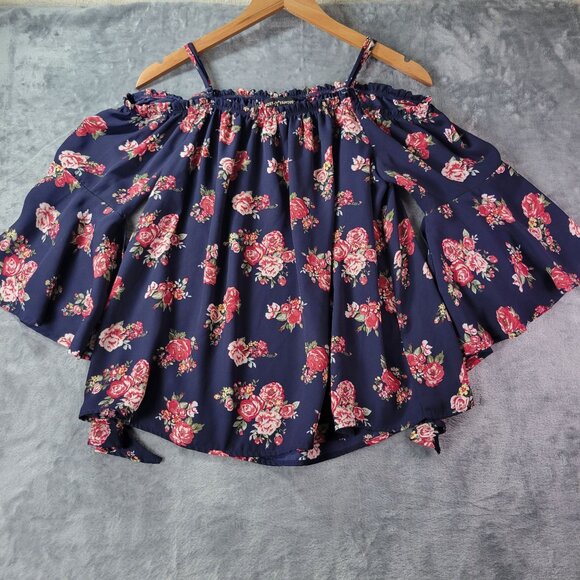 Almost Famous Womens Navy Floral Off Shoulder Boho Peasant Top L Festival Romant - Picture 1 of 10